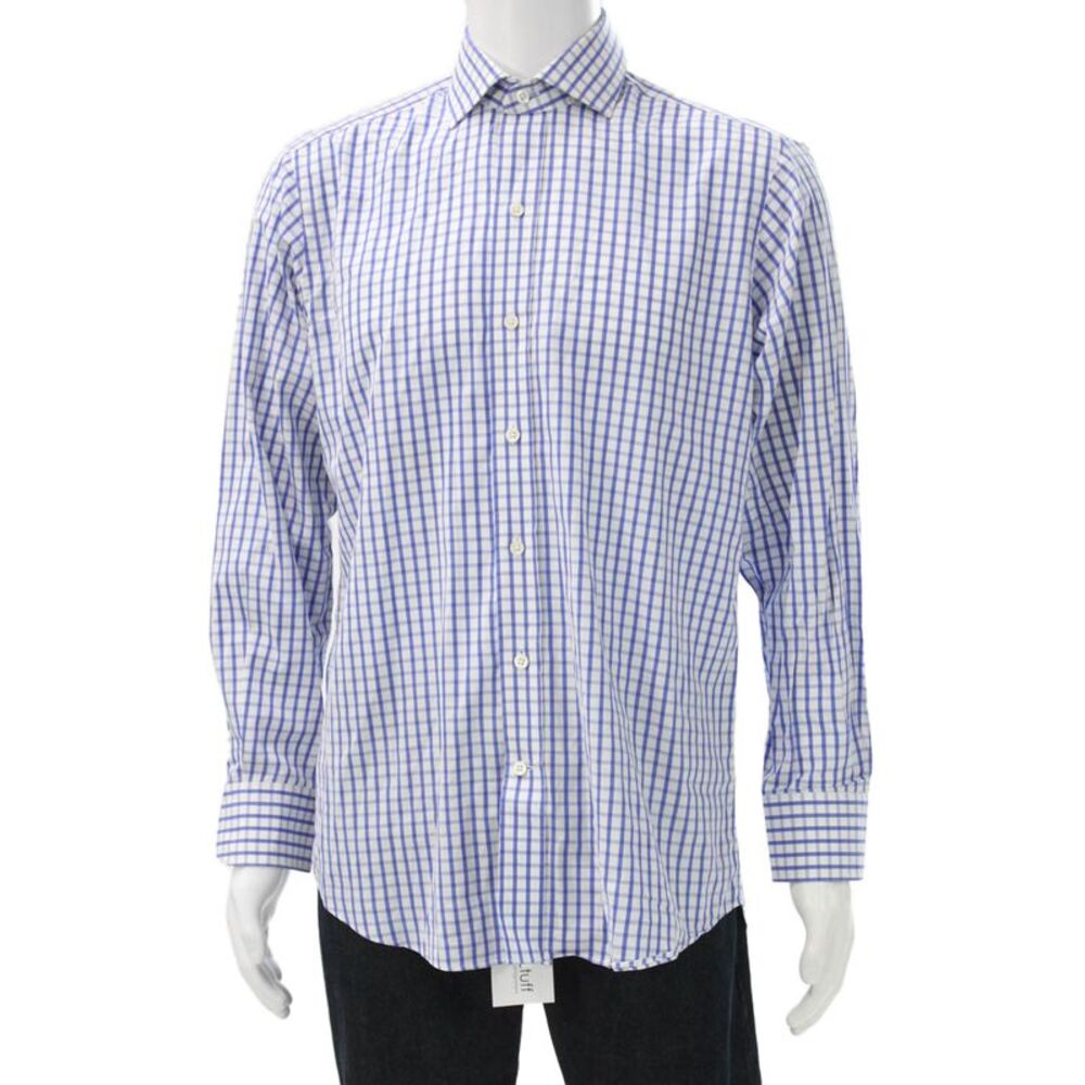 Ledbury Mens Plaid Button Down Shirt White Blue Cotton Size 15.5 39